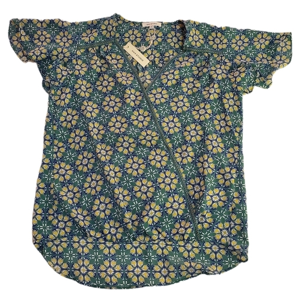 MAX STUDIO - Print Blouse XS Green, Blue and Yellow Short Sleeve